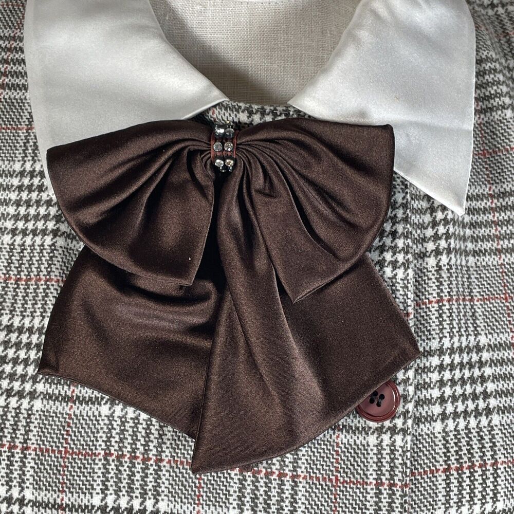 Vintage 80s  Plaid Dress Double Breasted Big Bow Contrast Collar C-38.5" Midi - Picture 4 of 16